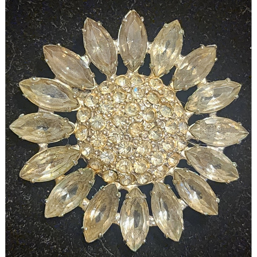 Vintage Silver Tone Sunflower Brooch Marquise Crystal Rhinestone Floral 2in - Picture 2 of 5